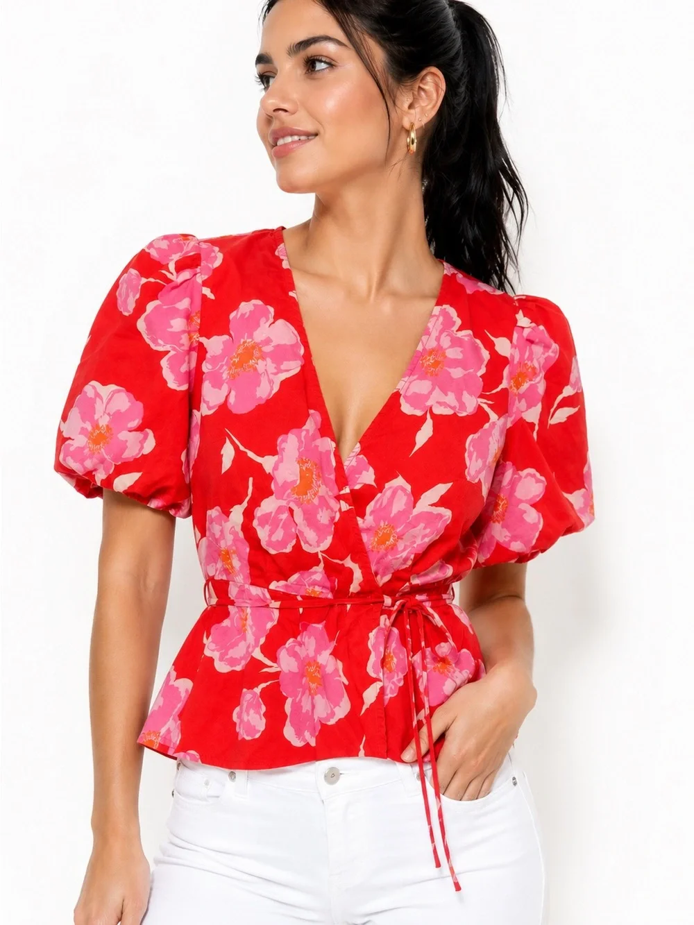 Old Navy Floral Wrap Peplum Blouse XS Pink Red 100% Cotton